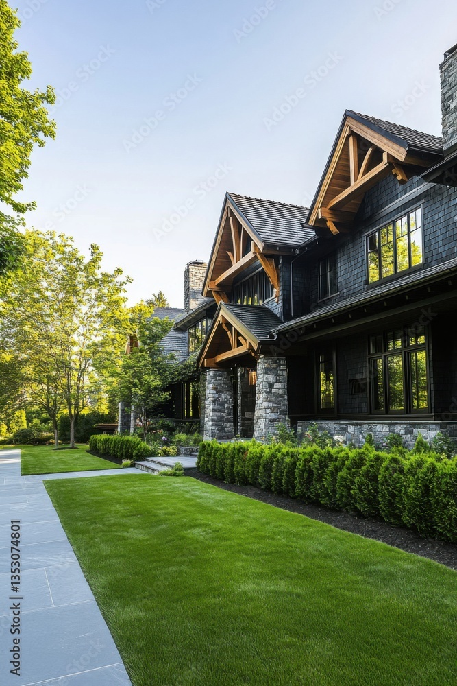 Elegant black stone house with wooden accents surrounded by lush greenery on a sunny day in a tranquil neighborhood setting Elegant black stone house with wooden accents surrounded by lush greenery on a sunny day in a tranquil neighborhood setting