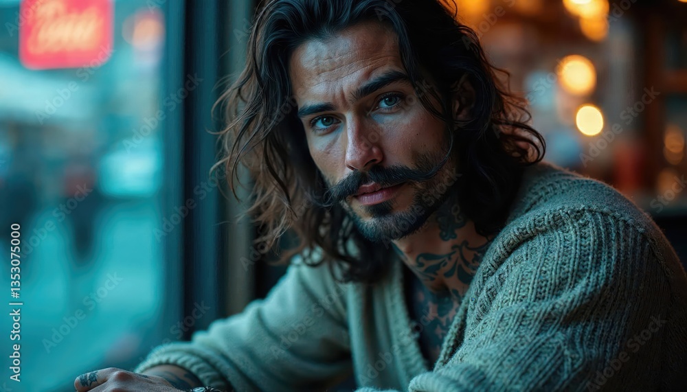 Obraz premium Intense Gaze: A Portrait of a Man with Long Hair and Tattoos