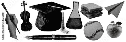 Set of school education halftone grunge vector design elements