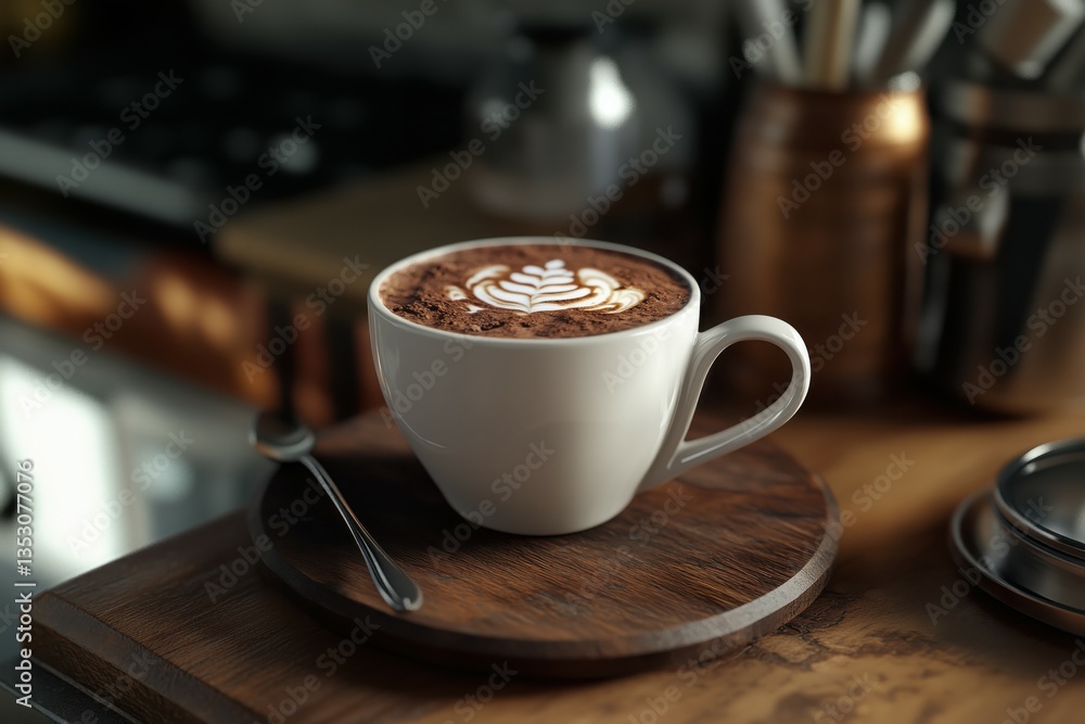 A cup of cappuccino coffee on a table, in beautiful morning light. A cup of cappuccino coffee on a table, in beautiful morning light.