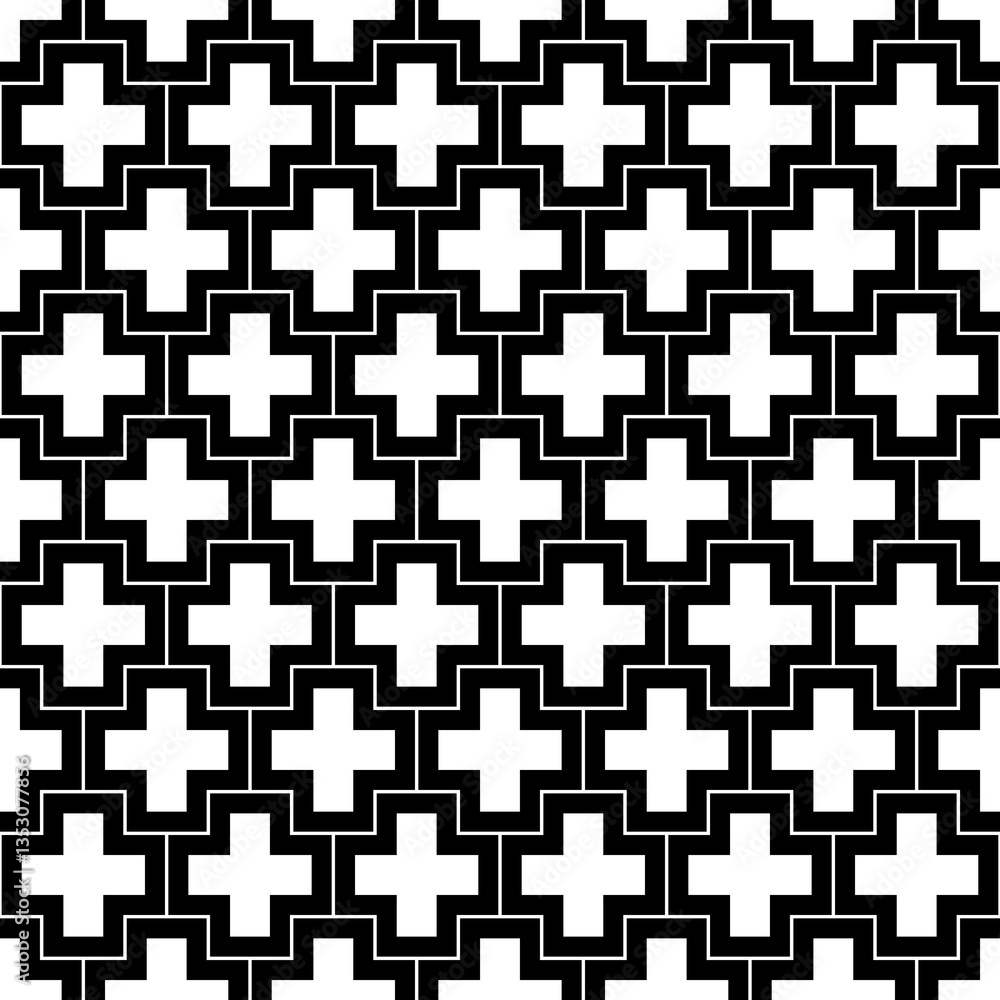 Repeated white figures and lines on black background. Crosses wallpaper. Seamless surface pattern design with polygons. Mosaic motif. Digital paper for page fills, web designing, textile print. Vector Repeated white figures and lines on black background. Crosses wallpaper. Seamless surface pattern design with polygons. Mosaic motif. Digital paper for page fills, web designing, textile print. Vector