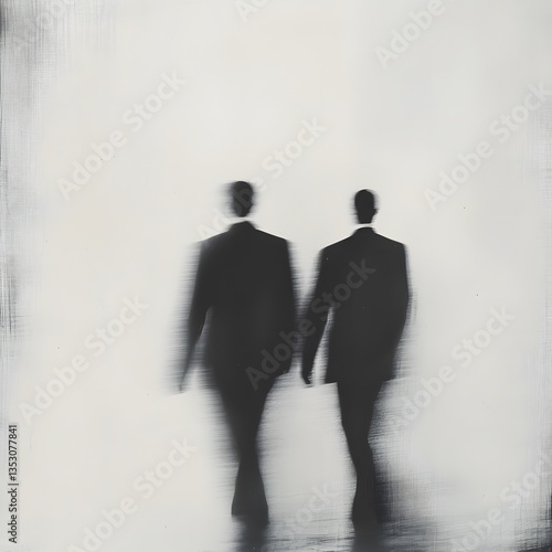 Men in suits walking away through fog on a cool evening in a cityscape