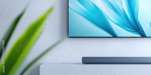Modern soundbar on TV cabinet under plasma modern wall mounted TV. Stereo system for surround sound, home cinema system