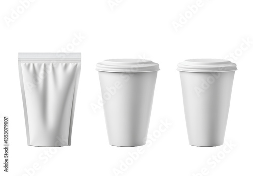Wallpaper Mural Blank White Packaging Mockup Stand Up Pouch and Disposable Coffee Cups Isolated on transparent Torontodigital.ca
