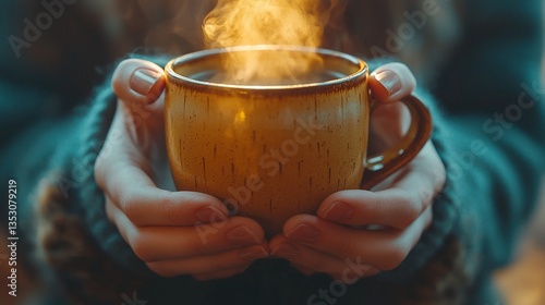 Close-up of hands holding a steaming warm mug.