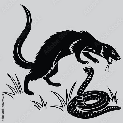 a mongoose dodging a snake attack silhouette vector design art and illustration
