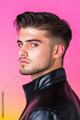 Young serious man with fashionable hairstyle with styling by gel, wet effect, colorful background
