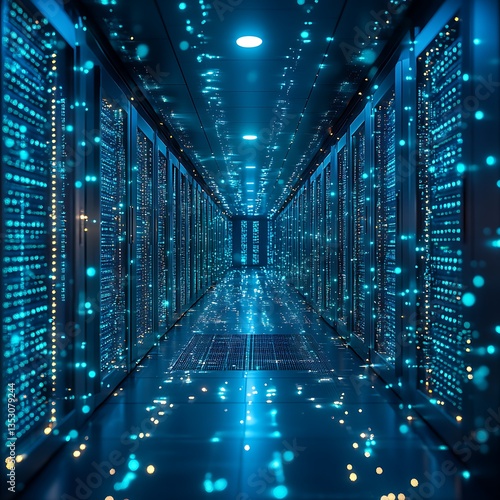 Futuristic data center with glowing blue servers high resolution picture