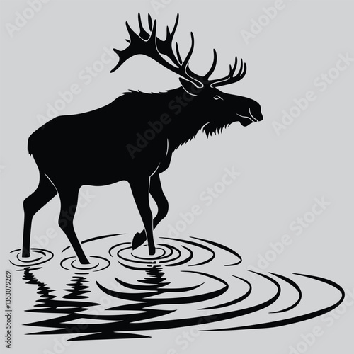 a moose shaking its antlers in water silhouette vector design art and illustration