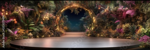 Empty wooden podium stage decorated with a glowing golden arch and lush tropical plants at night.