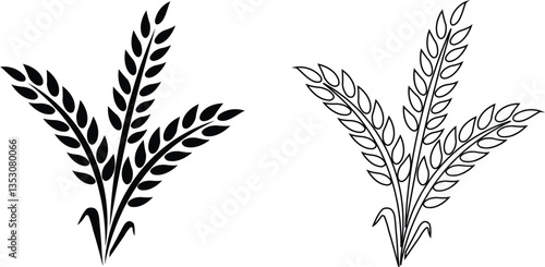 Wheats ears icon set and wheat design elements flat line vector collection isolated on transparent background. Harvest wheat grain, growth rice stalk and whole bread grains or field cereal nutritious.