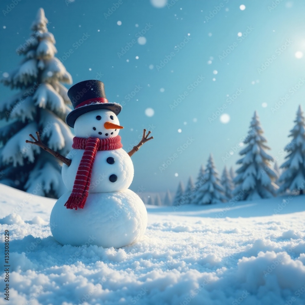 Obraz premium Frosty winter landscape with snowman in foreground, icy, snowman