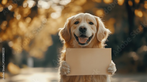 Golden Retriever holding sign for autumn park.