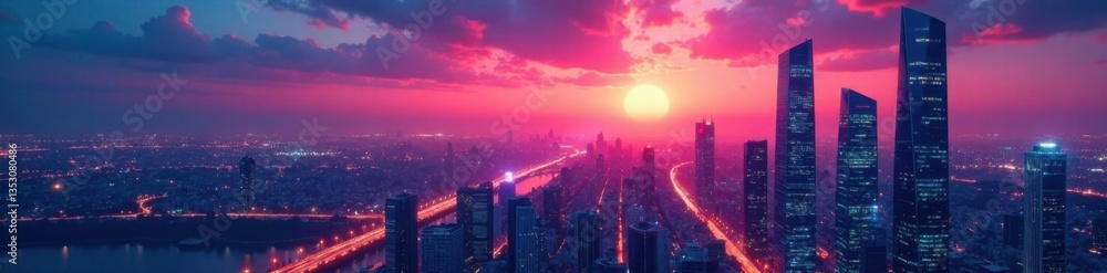 Futuristic cityscape with sleek skyscrapers and neon lights at dusk, urban, glow Futuristic cityscape with sleek skyscrapers and neon lights at dusk, urban, glow
