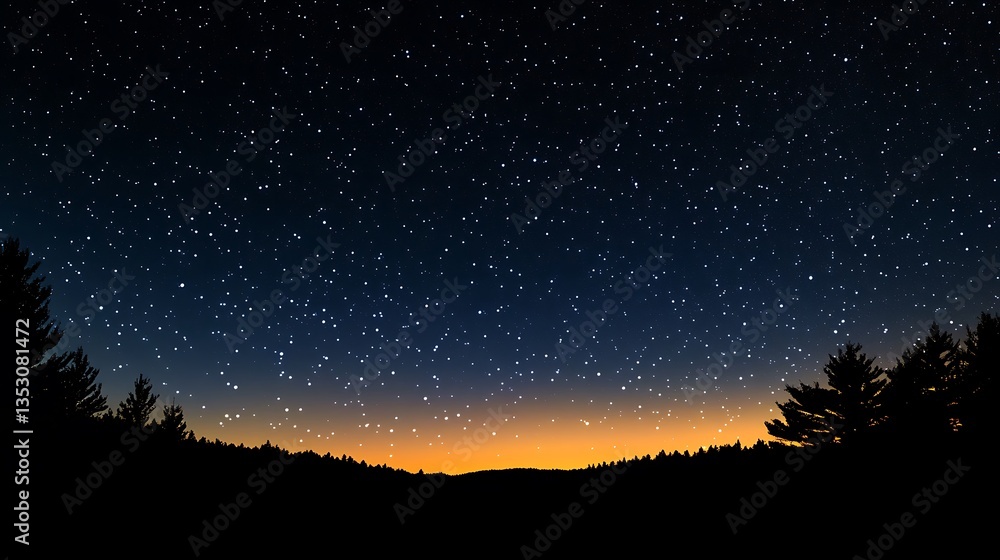 Fototapeta premium 새벽녘 별이 빛나는 하늘과 어두운 산 풍경, AI 생성