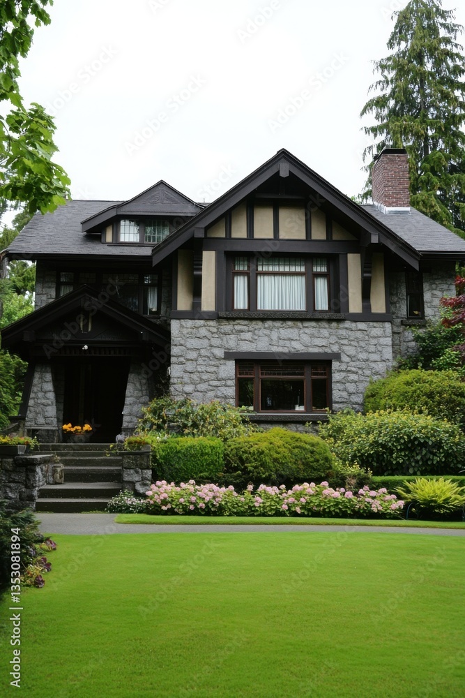 Charming two-story stone and wood house surrounded by lush greenery and colorful flowers in a peaceful neighborhood during a cloudy day Charming two-story stone and wood house surrounded by lush greenery and colorful flowers in a peaceful neighborhood during a cloudy day