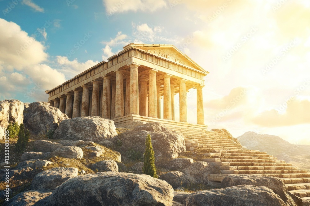 Fototapeta premium A classical ancient temple stands high on a rocky hillside