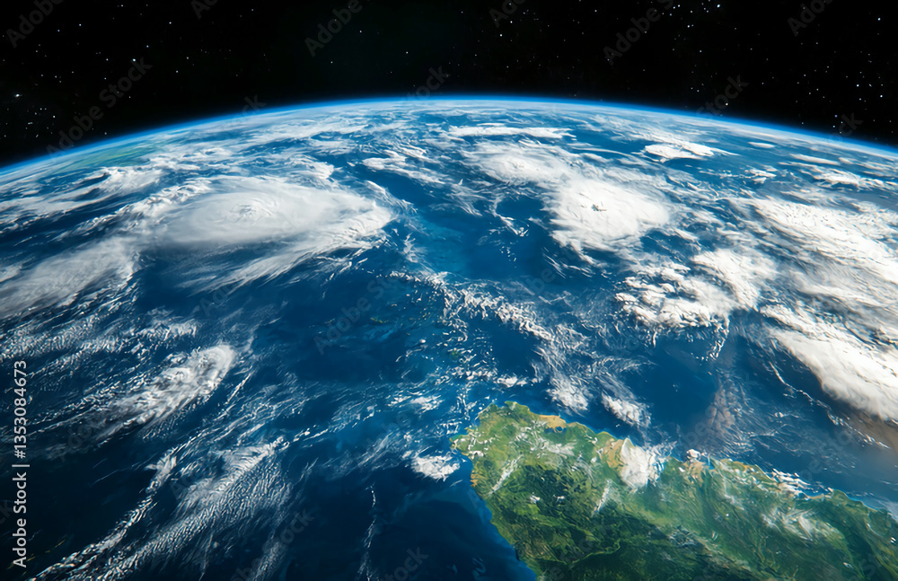 Fototapeta premium A view of earth from space showing clouds over the ocean and a portion of a continent visible