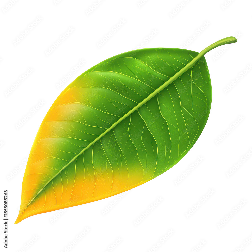Fototapeta premium Vibrant mango leaf displaying lush green and yellow hues against a Transparent background, Mango leafisolated on PNG background