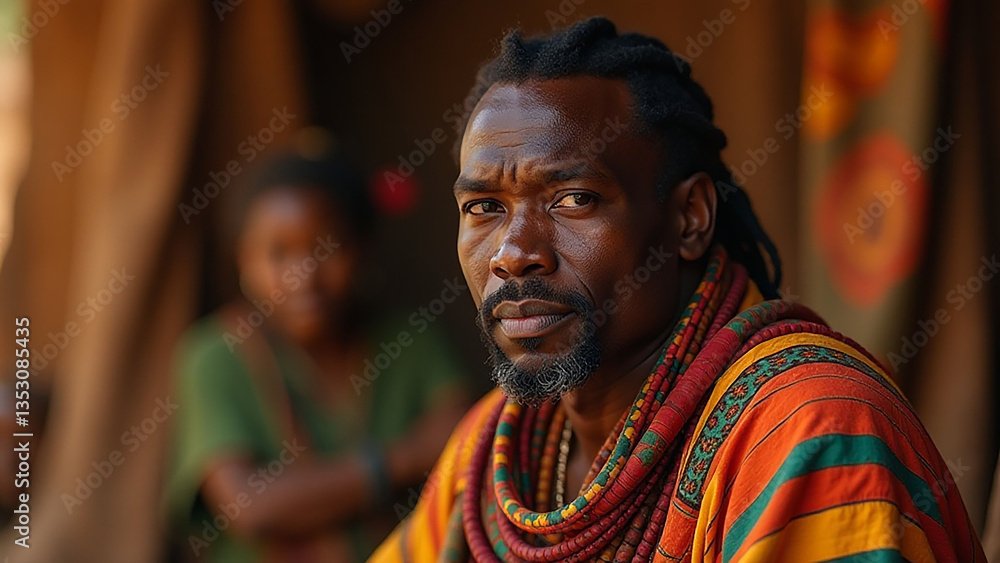 A black woman , 40s years old, with dreadlocks and a beard , wearing a colorful african robe , in a rural environment with a woman in the background A black woman , 40s years old, with dreadlocks and a beard , wearing a colorful african robe , in a rural environment with a woman in the background