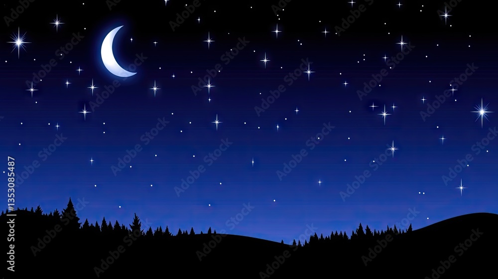 Night sky with crescent moon over forested hills Night sky with crescent moon over forested hills