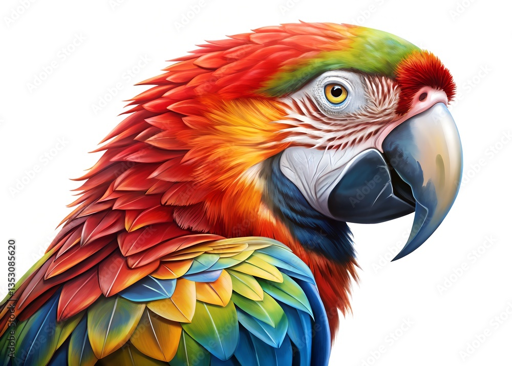 Obraz premium Vibrant Parrot Portrait: A stunning close-up portrait of a colorful parrot showcases its intricate feather patterns, expressive eyes, and unique beak.