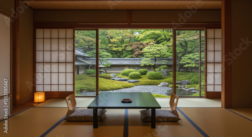 Traditional Japanese Interior Design: Serene Tea Room with Zen Garden View and Sliding Doors for Peaceful Contemplation