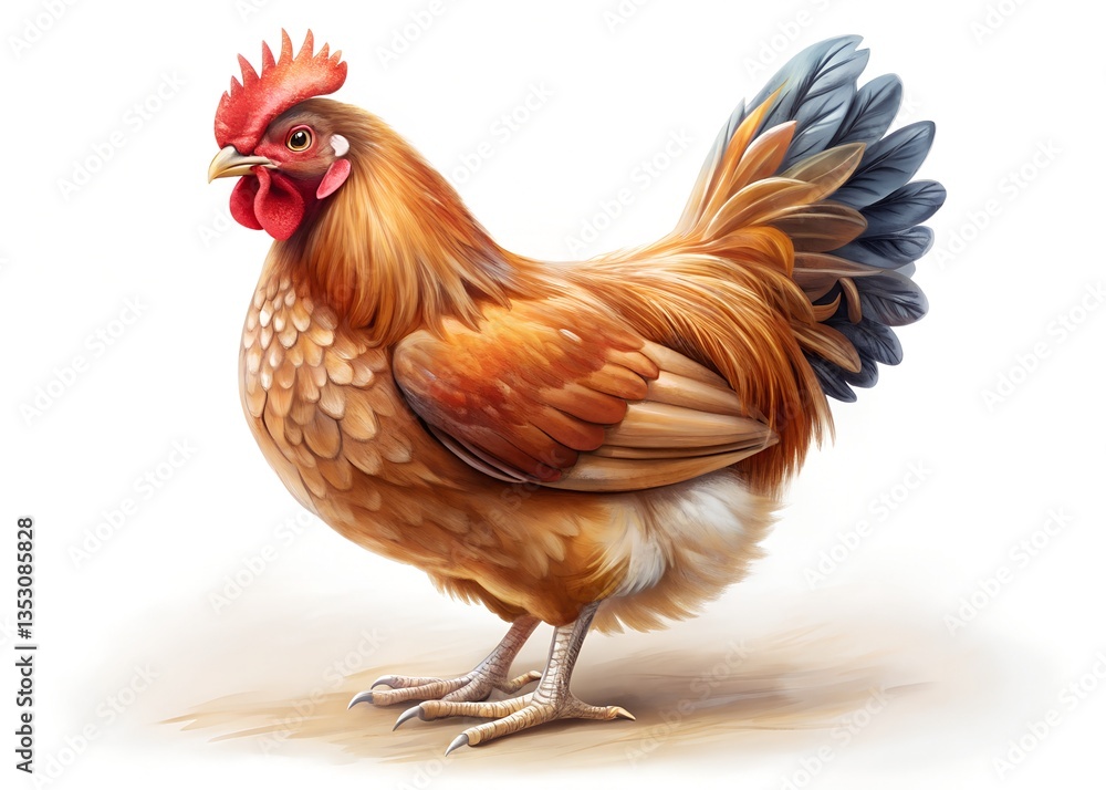 Fototapeta premium A Roost's Royalty: A vibrant rooster proudly struts, its plumage a rich tapestry of colors, exemplifying rural farm life and natural beauty.