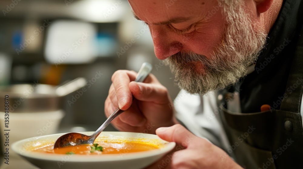 Chef tasting soup in kitchen, focused expression Chef tasting soup in kitchen, focused expression