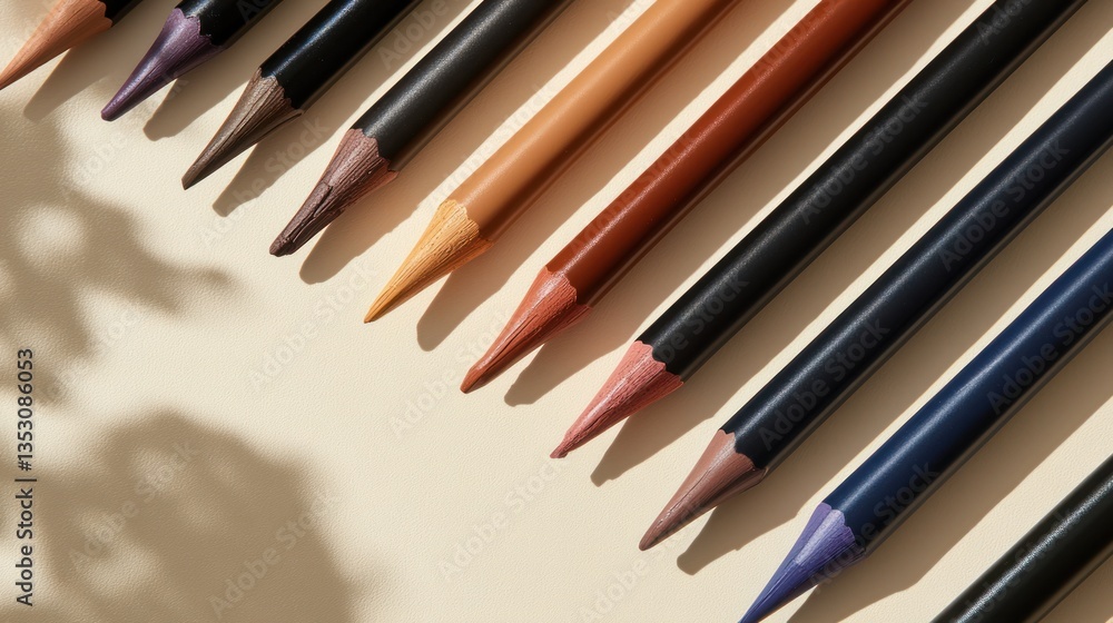 Fototapeta premium Colored pencils arranged on beige surface, natural light shadows. Possible use Educational supplies catalog