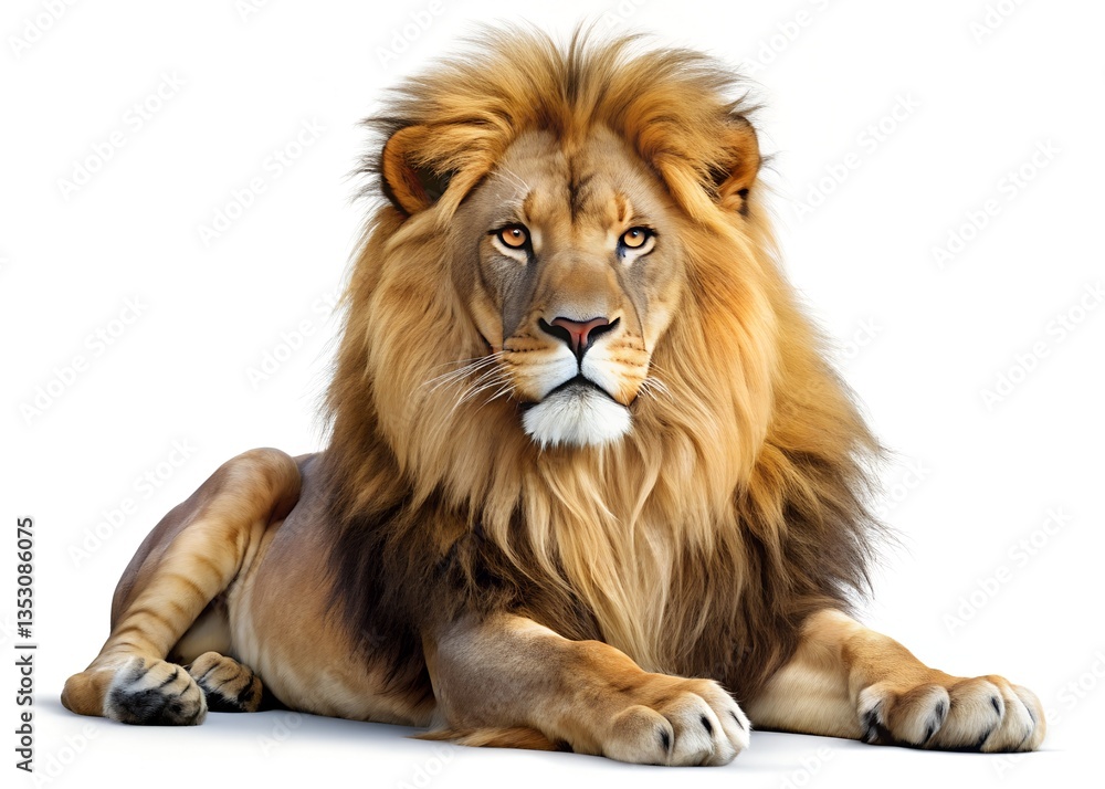 Obraz premium Majestic Lion: A regal male lion with a full, golden mane rests, its powerful gaze meeting the viewer, embodying strength and the wild spirit of the savanna.