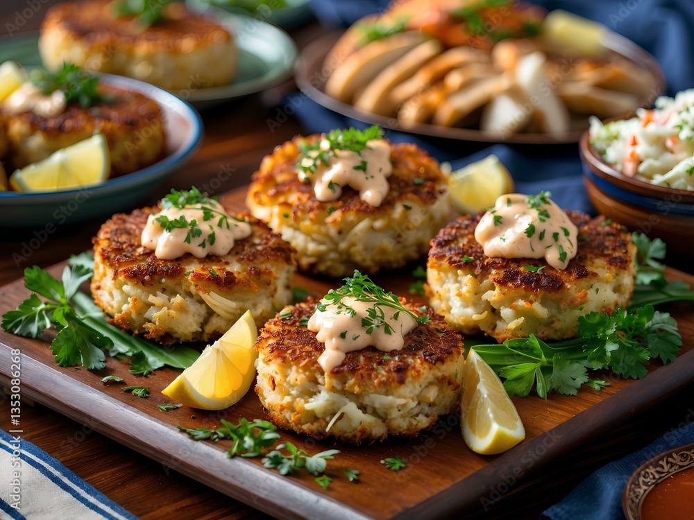 Golden, Crispy, and Packed with Flavor: Crab Cakes, America’s Coastal Delight, Featuring Succulent Lump Crab Meat Blended with Seasonings and Lightly Fried to Perfection Golden, Crispy, and Packed with Flavor: Crab Cakes, America’s Coastal Delight, Featuring Succulent Lump Crab Meat Blended with Seasonings and Lightly Fried to Perfection