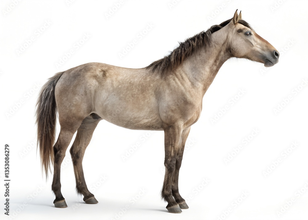 Obraz premium Majestic Horse: A side-view portrayal of a striking horse in a poised stance, its coat shimmering with the subtle nuances of nature's palette. The horse stands in a studio setting.