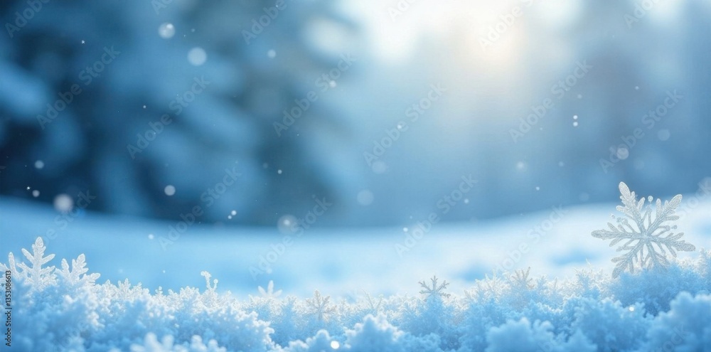 Icy snowflake border with delicate large and small flakes on a serene snowy landscape, christmas decor, snowflakes Icy snowflake border with delicate large and small flakes on a serene snowy landscape, christmas decor, snowflakes