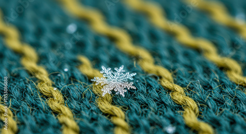Macro Close-Up of Elegant Snowflake on Woven Knit Background: Delicate Winter Texture in Green and Yellow