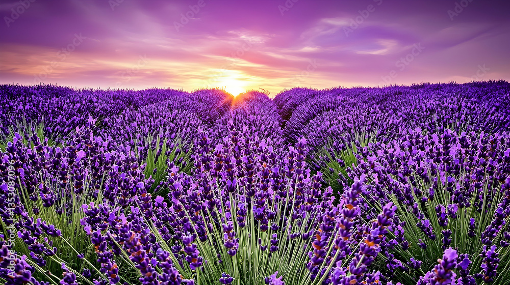Obraz premium Lavender field sunset, picturesque landscape, purple flowers, idyllic scene, nature photography, travel postcard