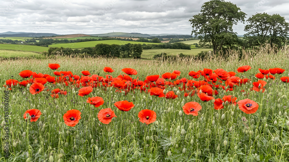 Fototapeta premium Poppy field landscape, rolling hills, summer day, scenic view, nature background, ideal for travel brochures