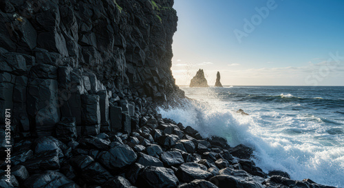 Dramatic Ocean Shoreline at Sunset with Waves and Rocks - Coastal Nature Landscape Photography