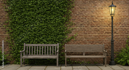 Cozy Urban Design: Tranquil Garden Bench with Greenery and Brick Wall in Inviting Outdoor Seating Area