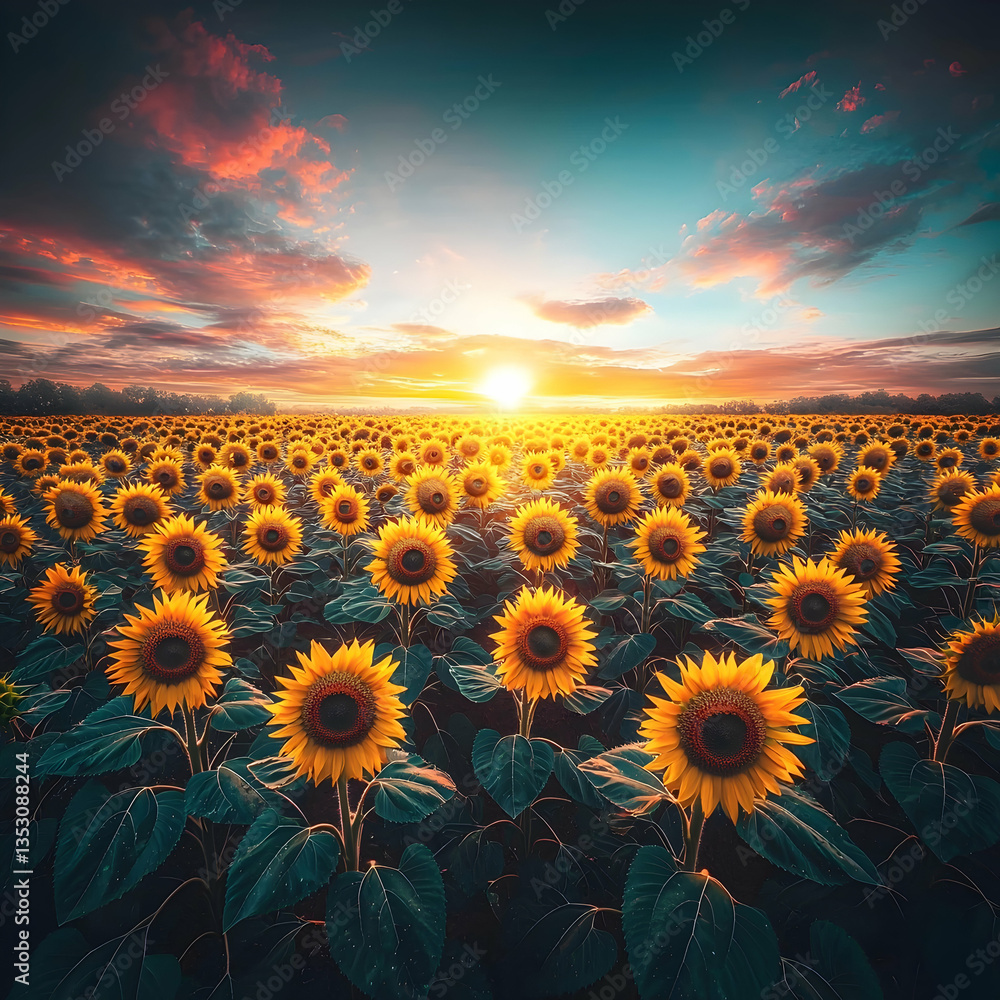 Obraz premium Sunflowers sunset field, summer landscape, nature beauty, agriculture scene, idyllic postcard