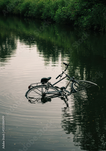 Abandoned Bicycle Reflected in Tranquil Water: Urban Nature Scene