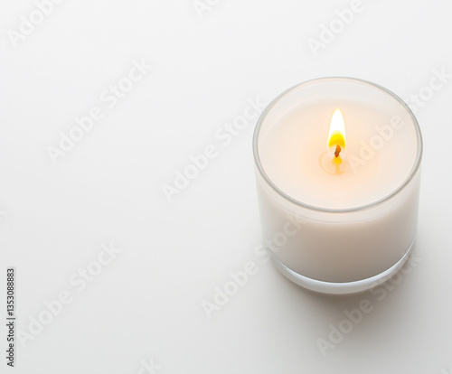 Wallpaper Mural Minimalist top view of a lit white candle in a transparent glass jar on white background, ideal for spa, relaxation, wellness, or calm mood concepts Torontodigital.ca