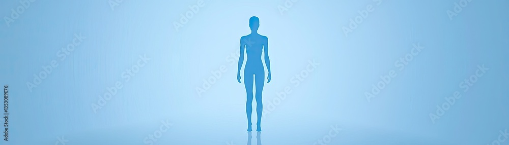 Blue female silhouette stands alone in a gradient studio; health concept Blue female silhouette stands alone in a gradient studio; health concept