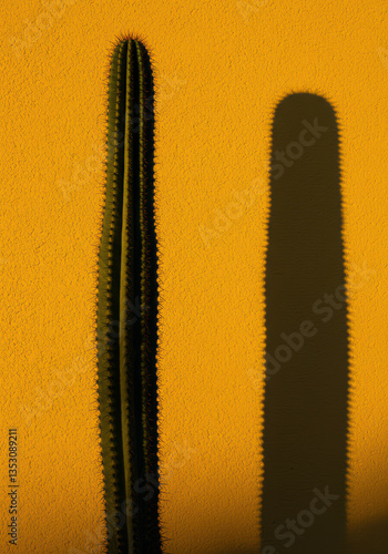 Desert Cactus Silhouette Against Sunny Backdrop: Modern Minimalist Home Decor with Organic Botanical Elements