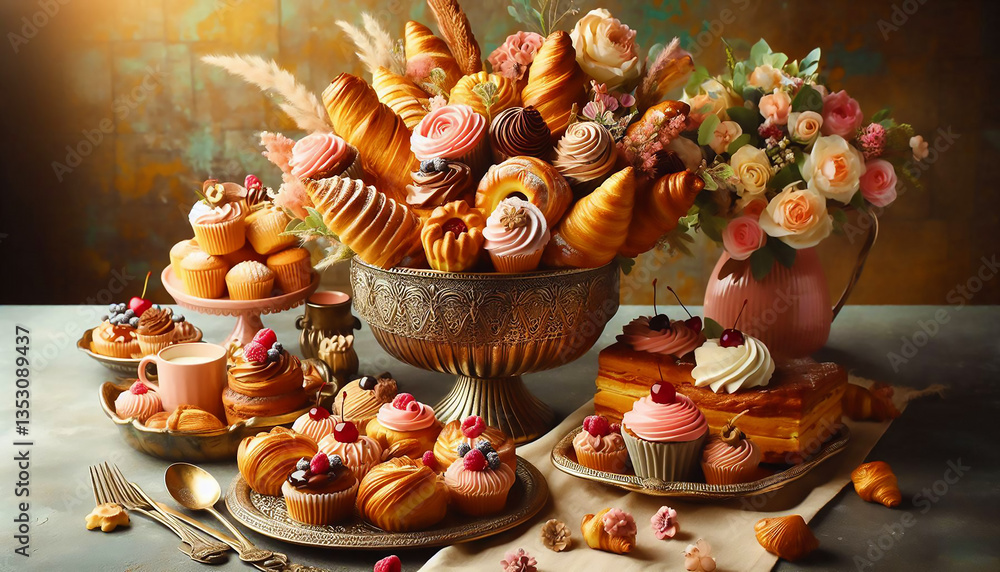 Fototapeta premium A delightful feast of pastries and cakes, beautifully arranged