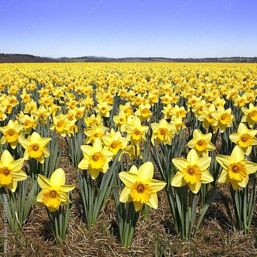 Obraz premium Vibrant yellow daffodil field under a clear blue sky; idyllic spring landscape, perfect for nature calendars
