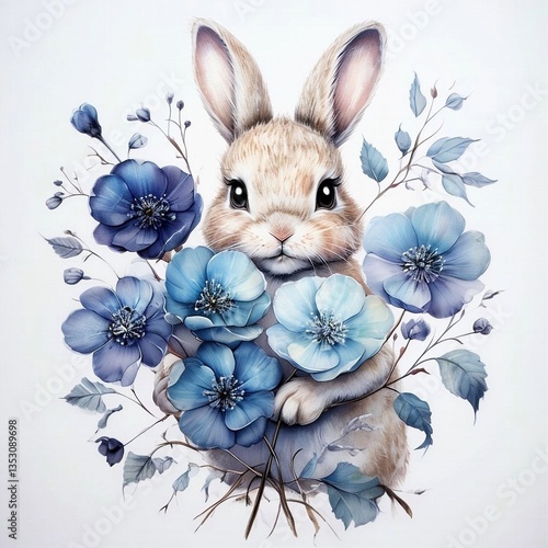 Easter bunny icon with spring blue flowers 