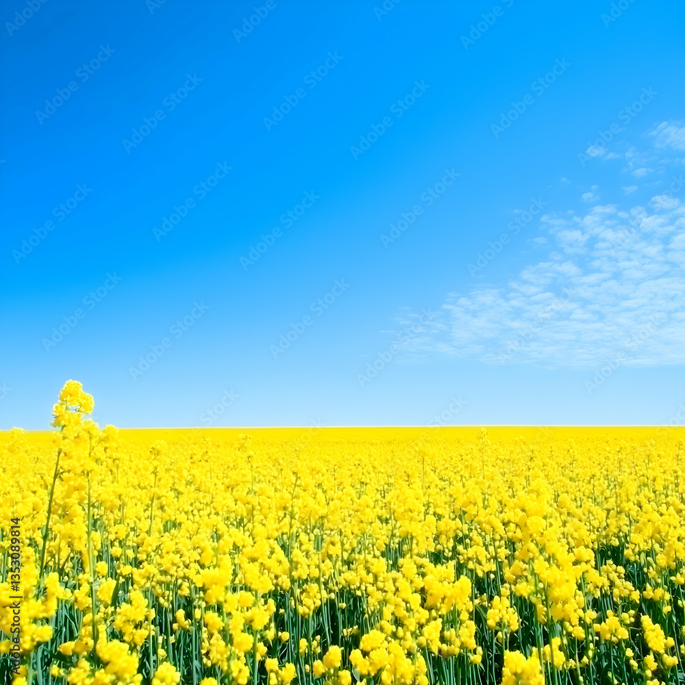Vibrant yellow rapeseed field under a clear blue sky; idyllic rural landscape, perfect for spring or agriculture themes Vibrant yellow rapeseed field under a clear blue sky; idyllic rural landscape, perfect for spring or agriculture themes