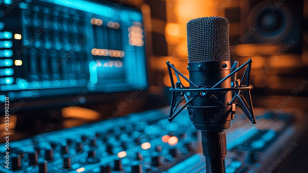 Studio microphone on mixer with computer screen.