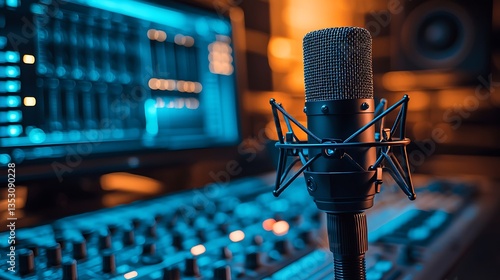 Obraz na płótnie Studio microphone on mixer with computer screen. w salonie